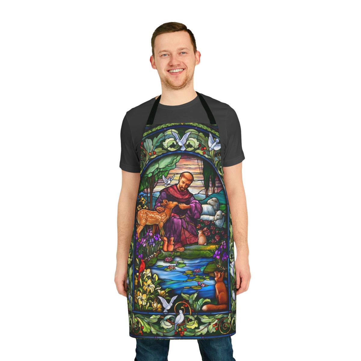 Stained glass inspired St Francis apron with decorative border featuring animals, birds, and nature motifs