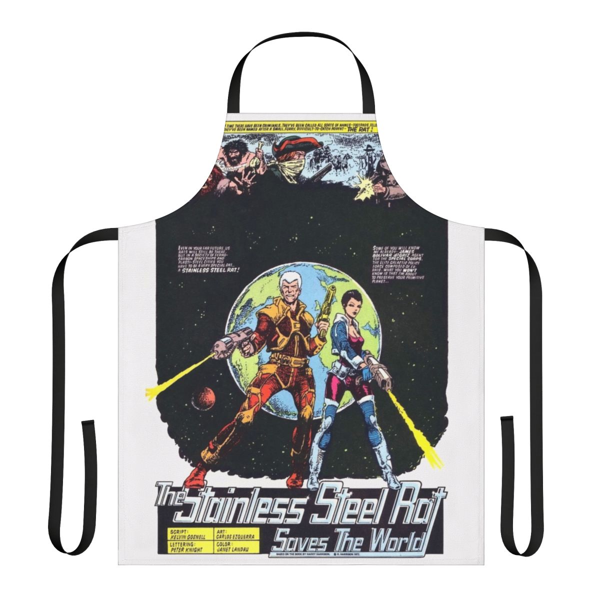 Stainless steel apron featuring artwork from The Stainless Steel Rat sci-fi series