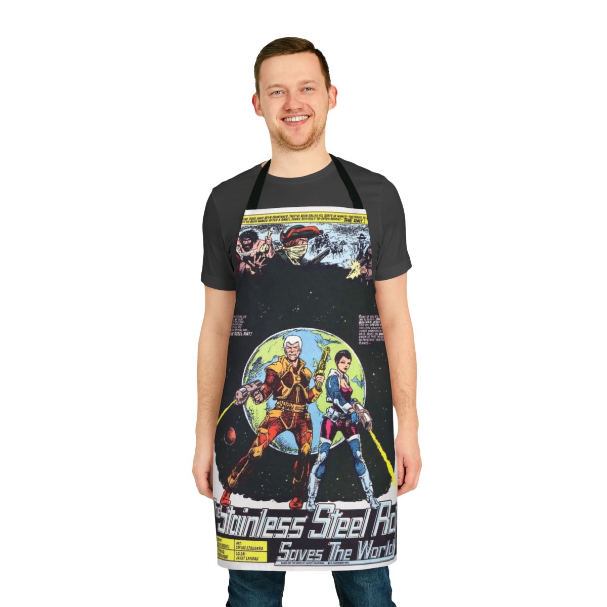 Stainless steel apron featuring artwork from The Stainless Steel Rat sci-fi series