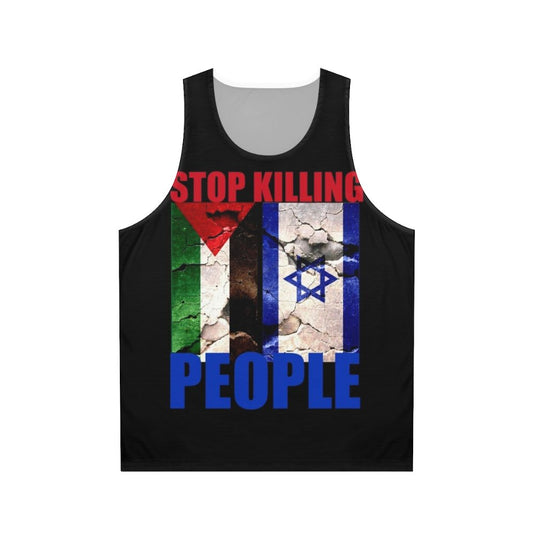 Unisex tank top with anti-war and human rights message