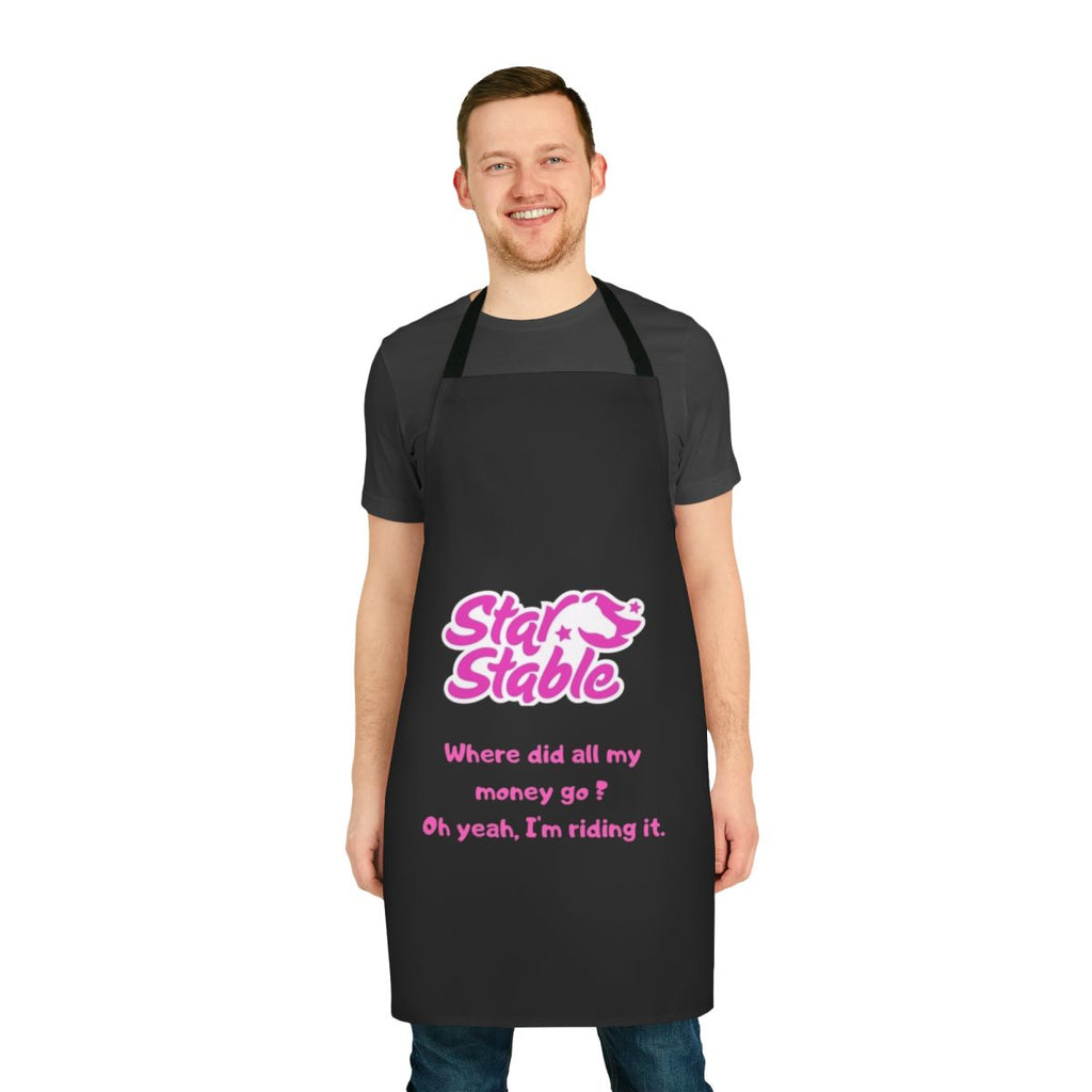 Star Stable-themed apron with horse, meme, and quote design
