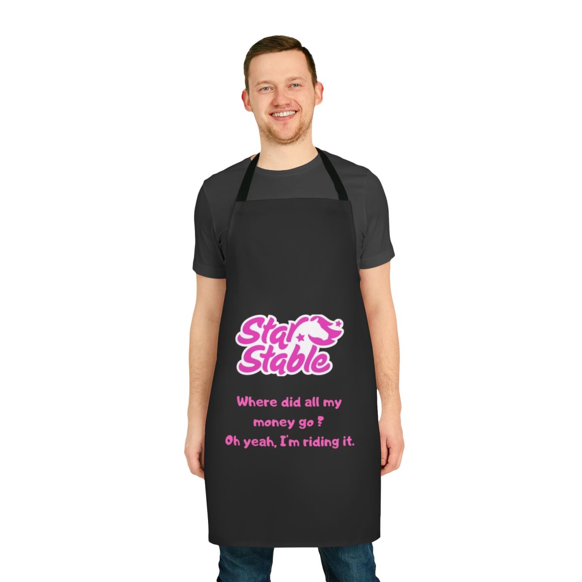 Star Stable-themed apron with horse, meme, and quote design