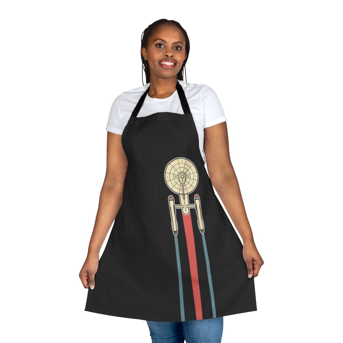 Star Trek-themed apron featuring the iconic USS Enterprise NCC-1701 ship in a minimalist line art style