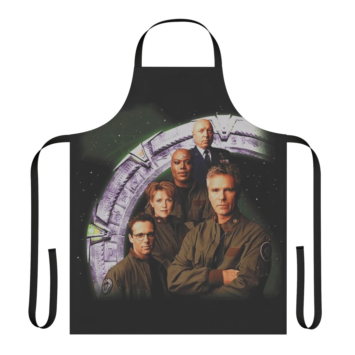 Stargate-themed apron with Stargate SG-1 imagery and characters