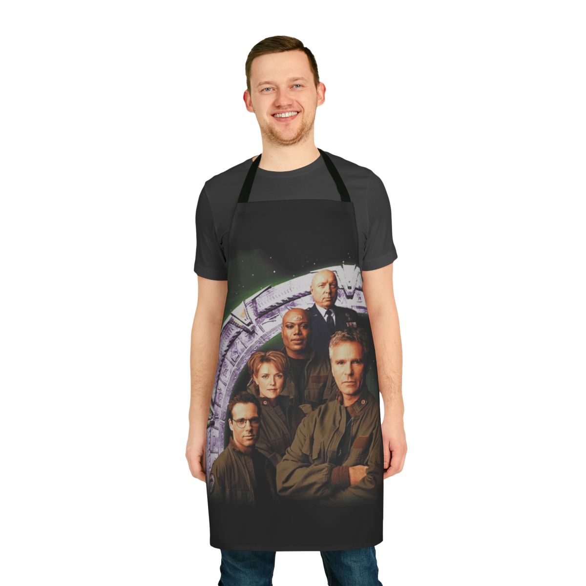 Stargate-themed apron with Stargate SG-1 imagery and characters