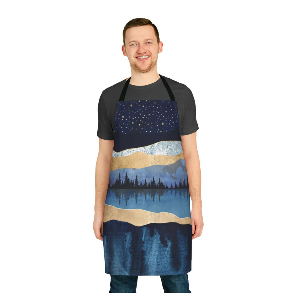 Midnight lake at night with stars reflected in the calm water, nature landscape apron