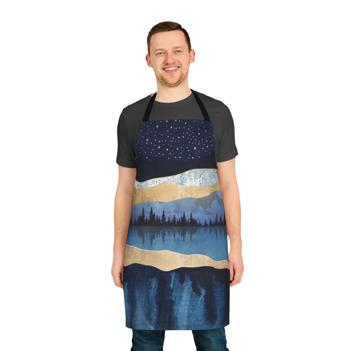 Midnight lake at night with stars reflected in the calm water, nature landscape apron