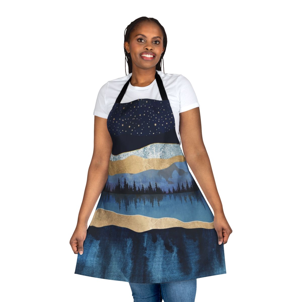 Midnight lake at night with stars reflected in the calm water, nature landscape apron