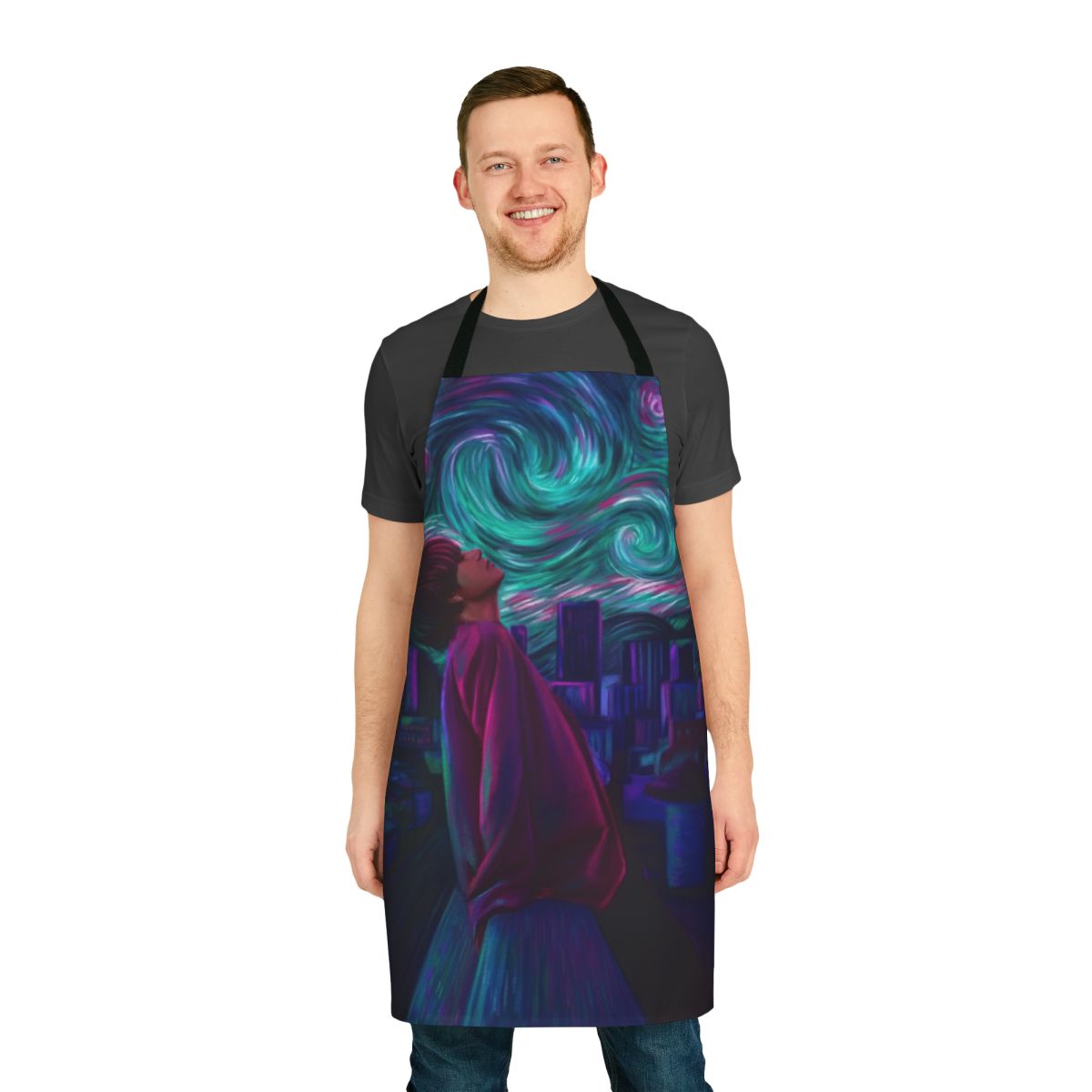 Starry Night-inspired apron featuring artistic K-pop fanart design