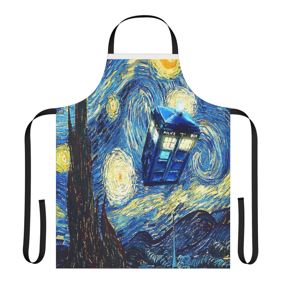 Starry night inspired apron with a Doctor Who theme
