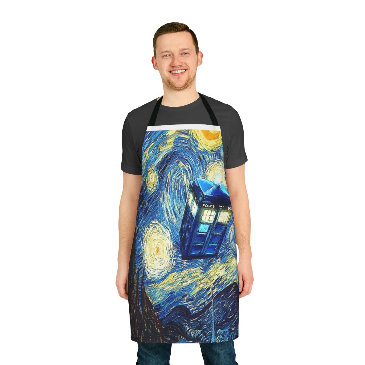 Starry night inspired apron with a Doctor Who theme