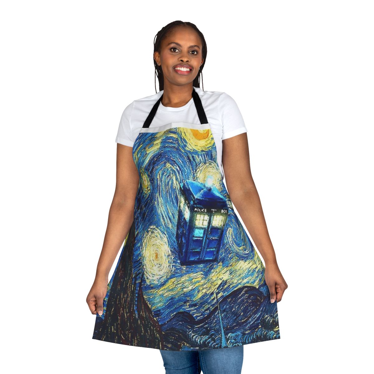 Starry night inspired apron with a Doctor Who theme