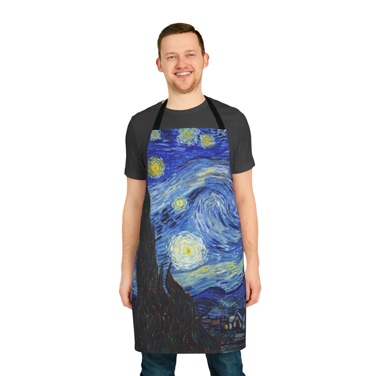 Apron featuring the iconic painting "The Starry Night" by the famous artist Vincent Van Gogh.