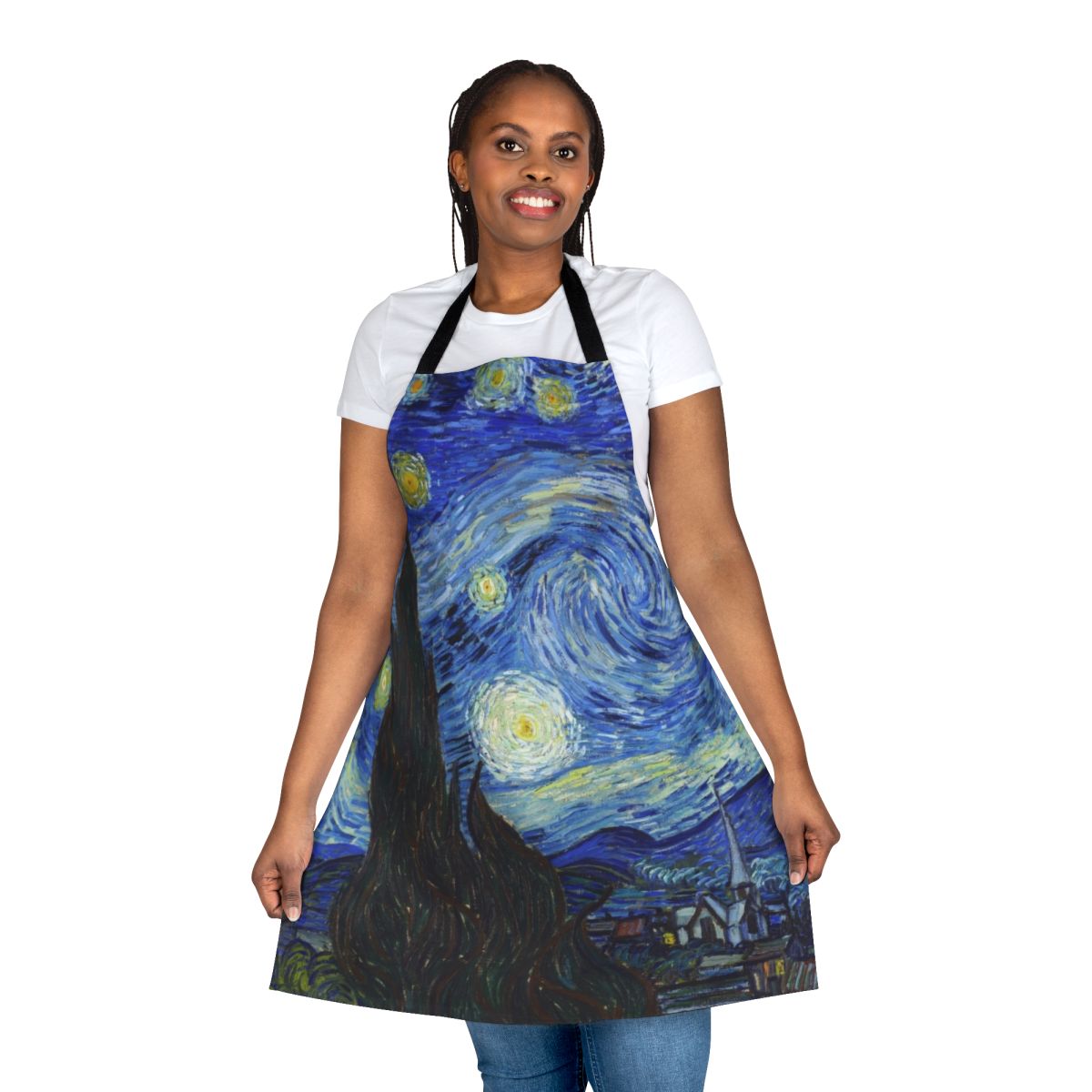 Apron featuring the iconic painting "The Starry Night" by the famous artist Vincent Van Gogh.