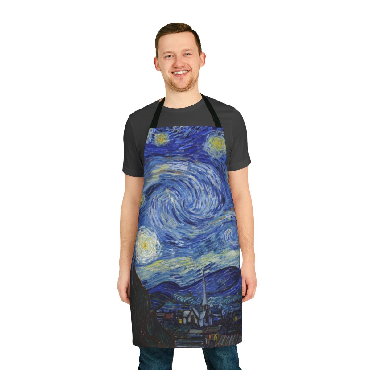 Starry Night inspired apron featuring the iconic painting by Vincent Van Gogh