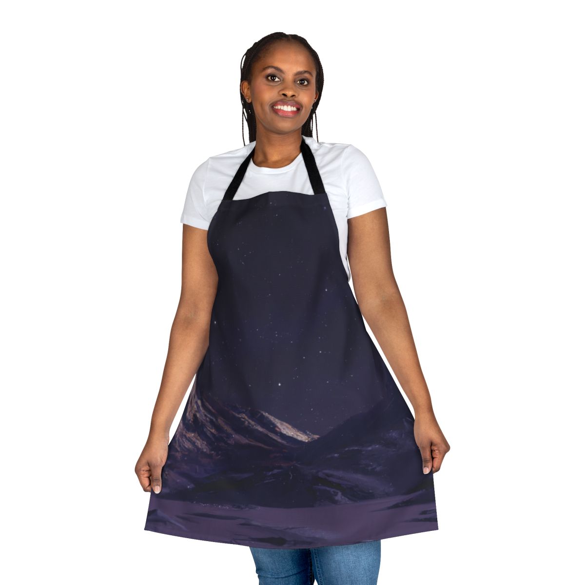 Starry night sky with mountains silhouetted in the foreground, printed on an apron