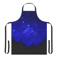 Apron featuring a blue galaxy forest night sky design with silhouettes of trees, mountains, and the moon.