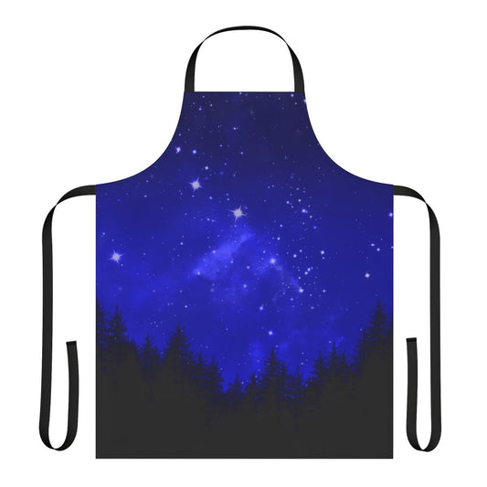 Apron featuring a blue galaxy forest night sky design with silhouettes of trees, mountains, and the moon.