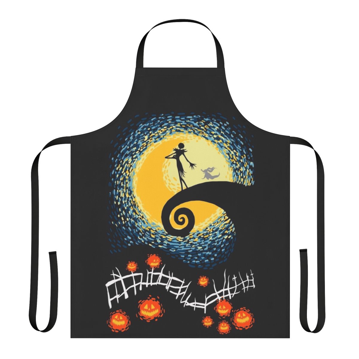 Starry night-themed apron featuring Jack Skellington and Sally from The Nightmare Before Christmas