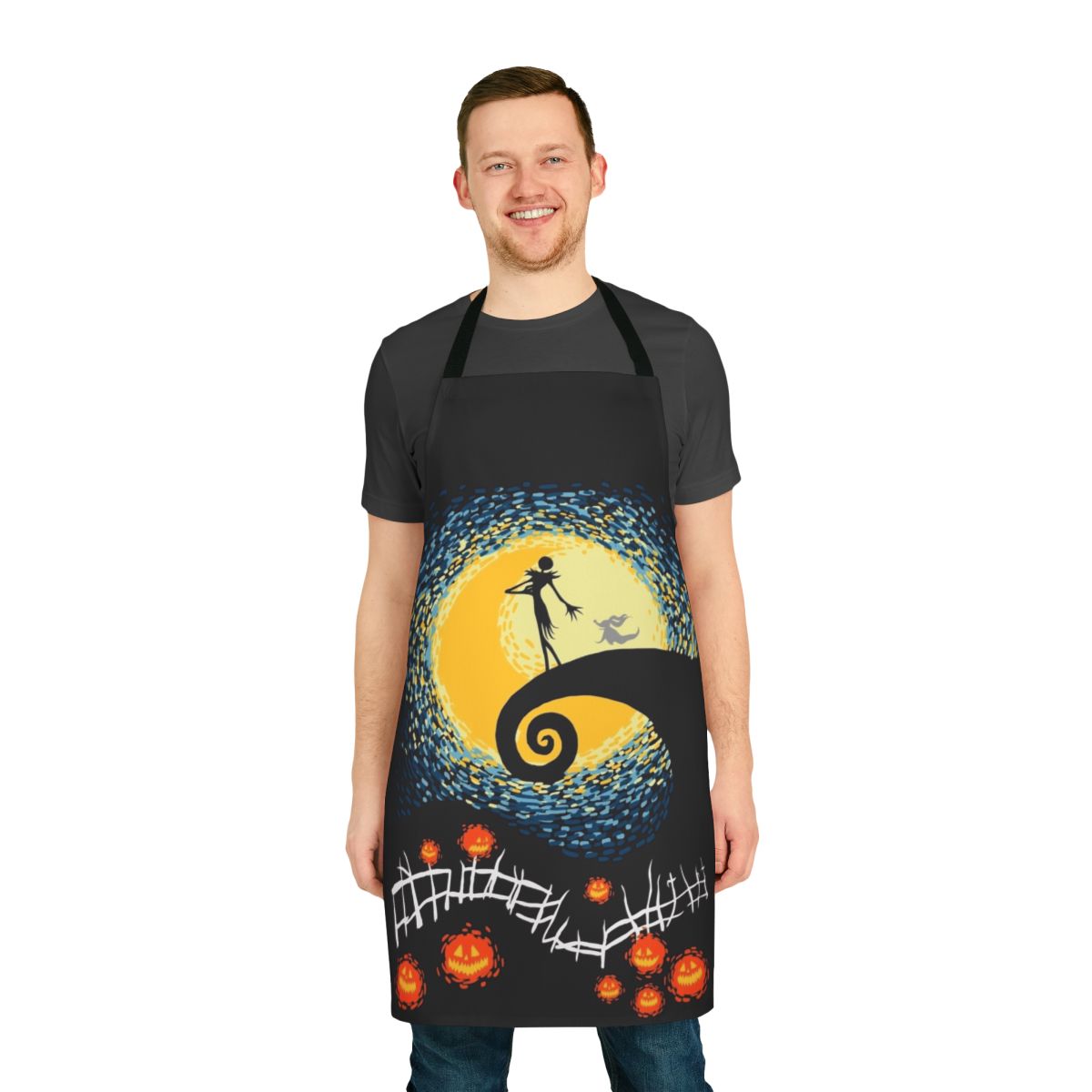 Starry night-themed apron featuring Jack Skellington and Sally from The Nightmare Before Christmas