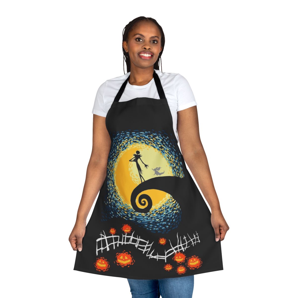 Starry night-themed apron featuring Jack Skellington and Sally from The Nightmare Before Christmas