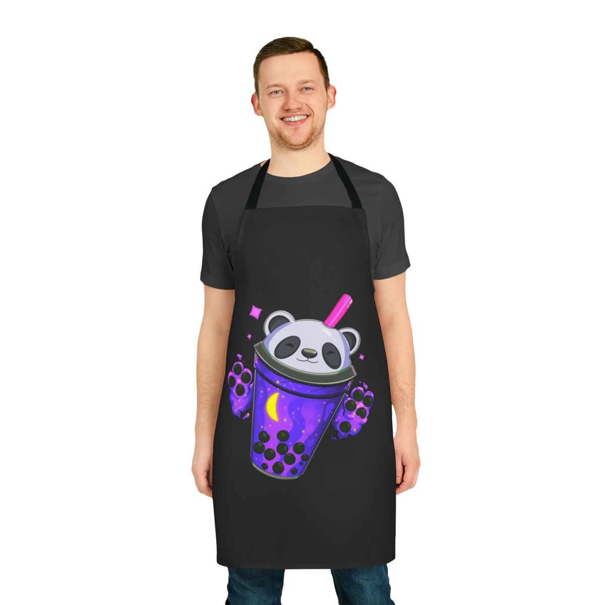 Starry panda bubble tea themed apron with cute design