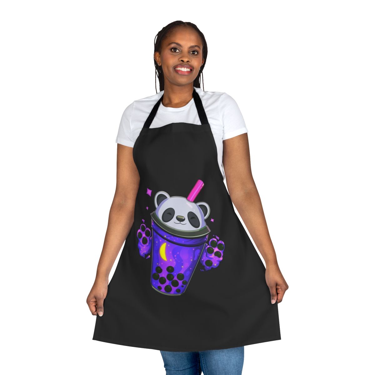 Starry panda bubble tea themed apron with cute design
