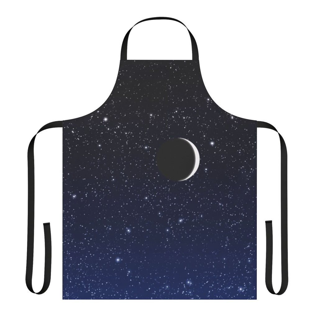 Starry sky apron featuring a crescent moon in deep blue hues