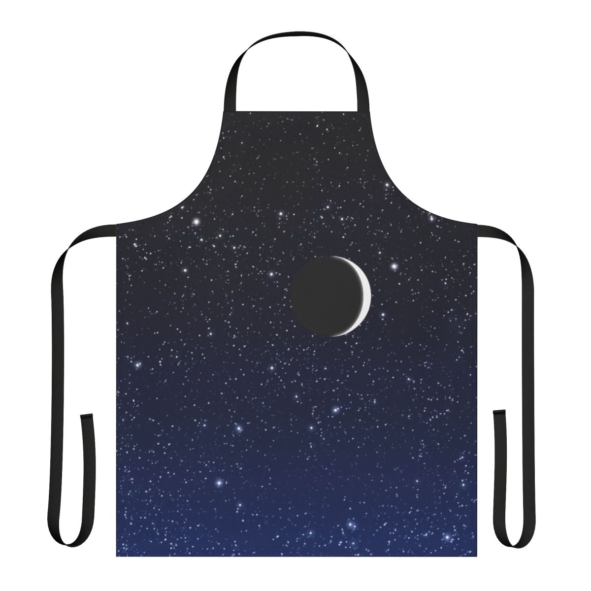 Starry sky apron featuring a crescent moon in deep blue hues