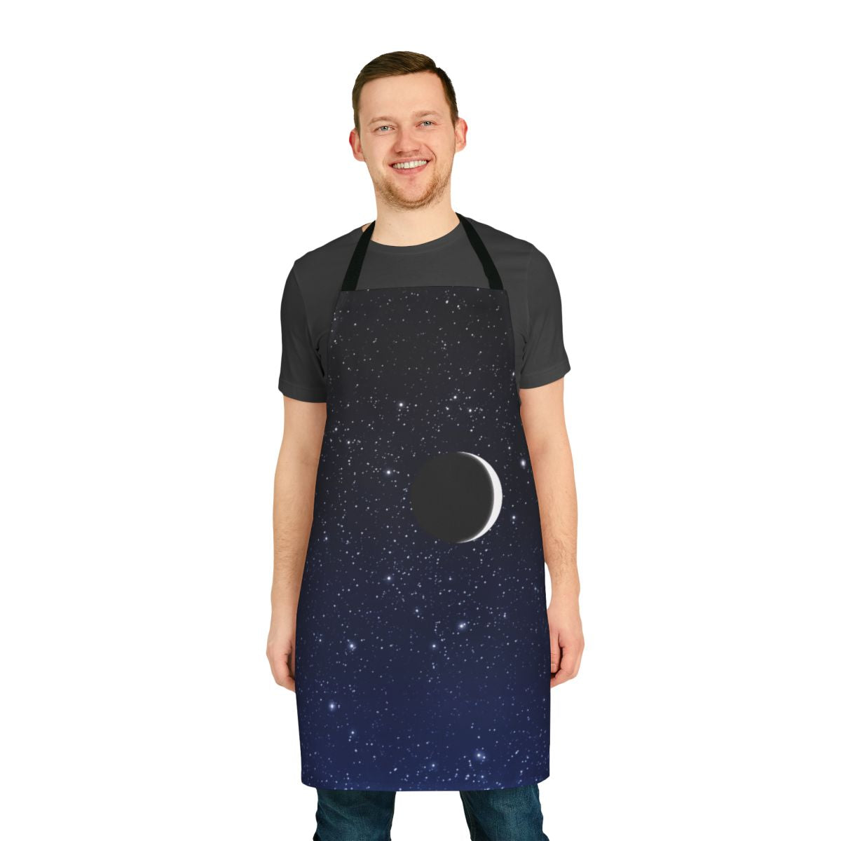 Starry sky apron featuring a crescent moon in deep blue hues
