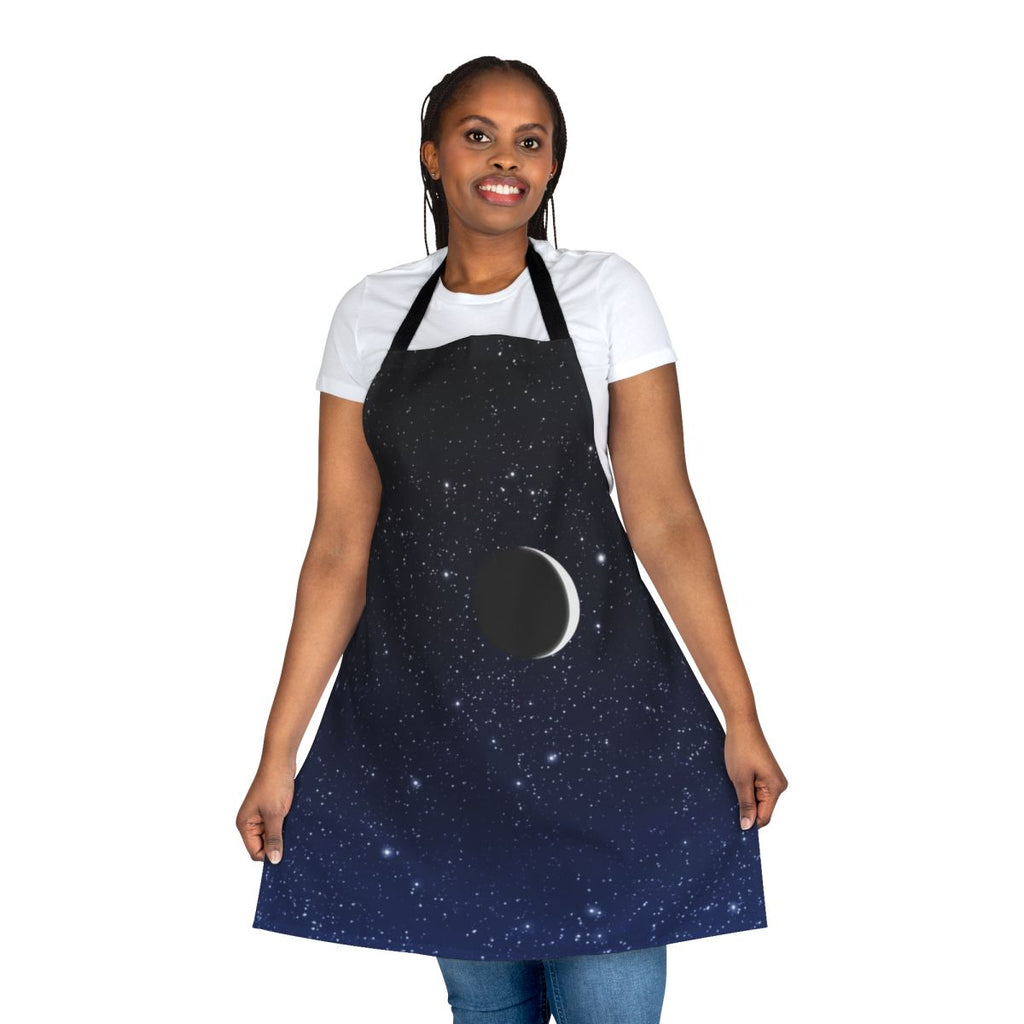 Starry sky apron featuring a crescent moon in deep blue hues