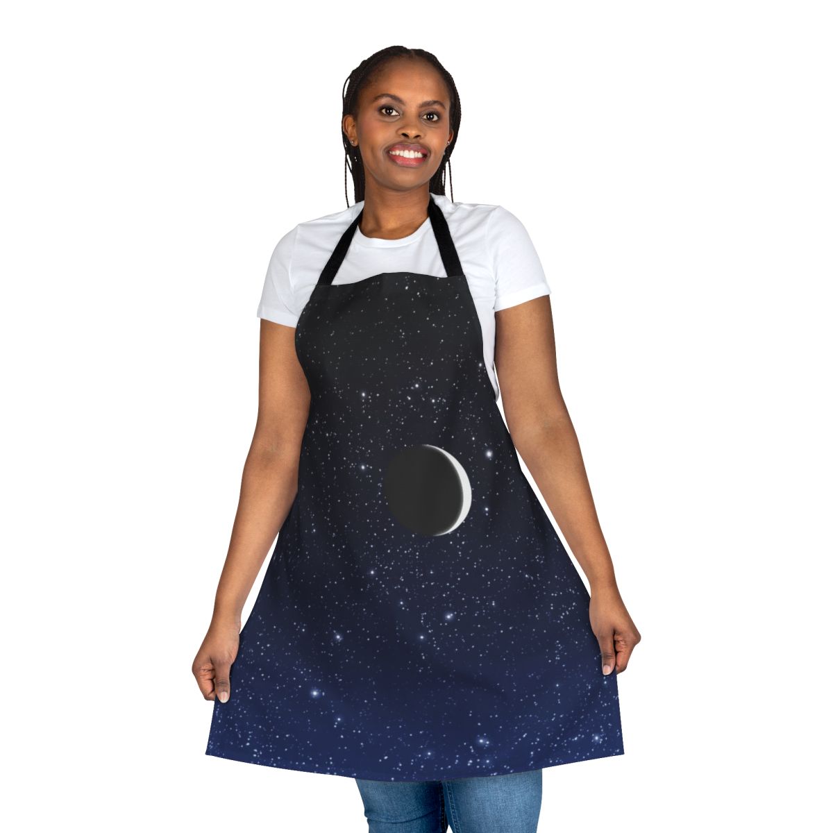 Starry sky apron featuring a crescent moon in deep blue hues