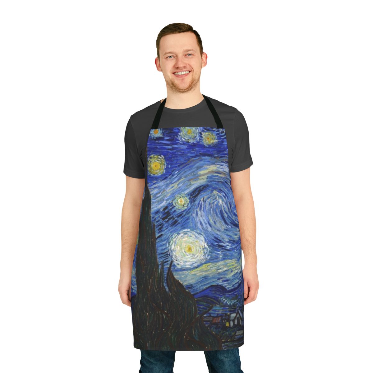 Starry night sky impressionist art apron featuring Van Gogh's iconic Starry Night painting