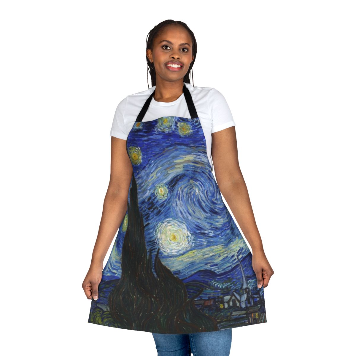 Starry night sky impressionist art apron featuring Van Gogh's iconic Starry Night painting