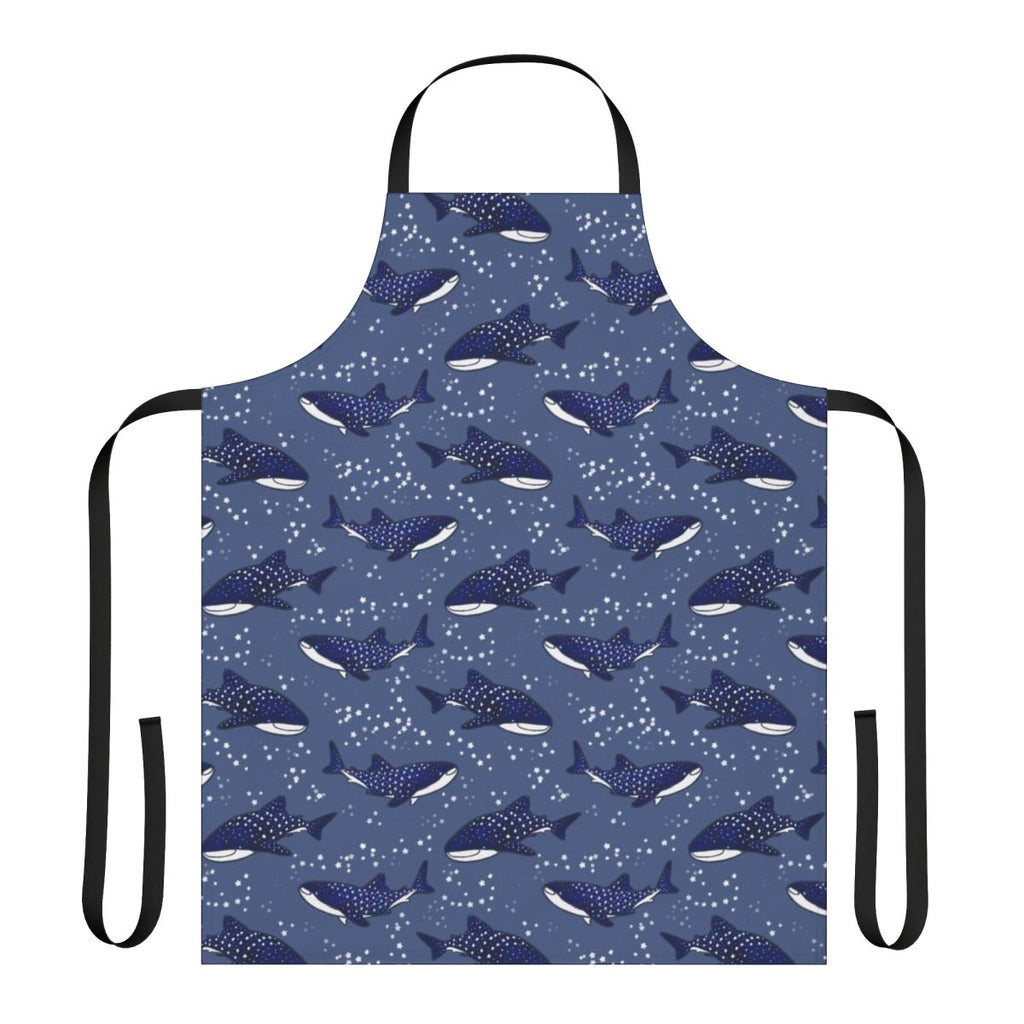 A dark blue apron featuring a starry night sky design with a cartoon whale shark
