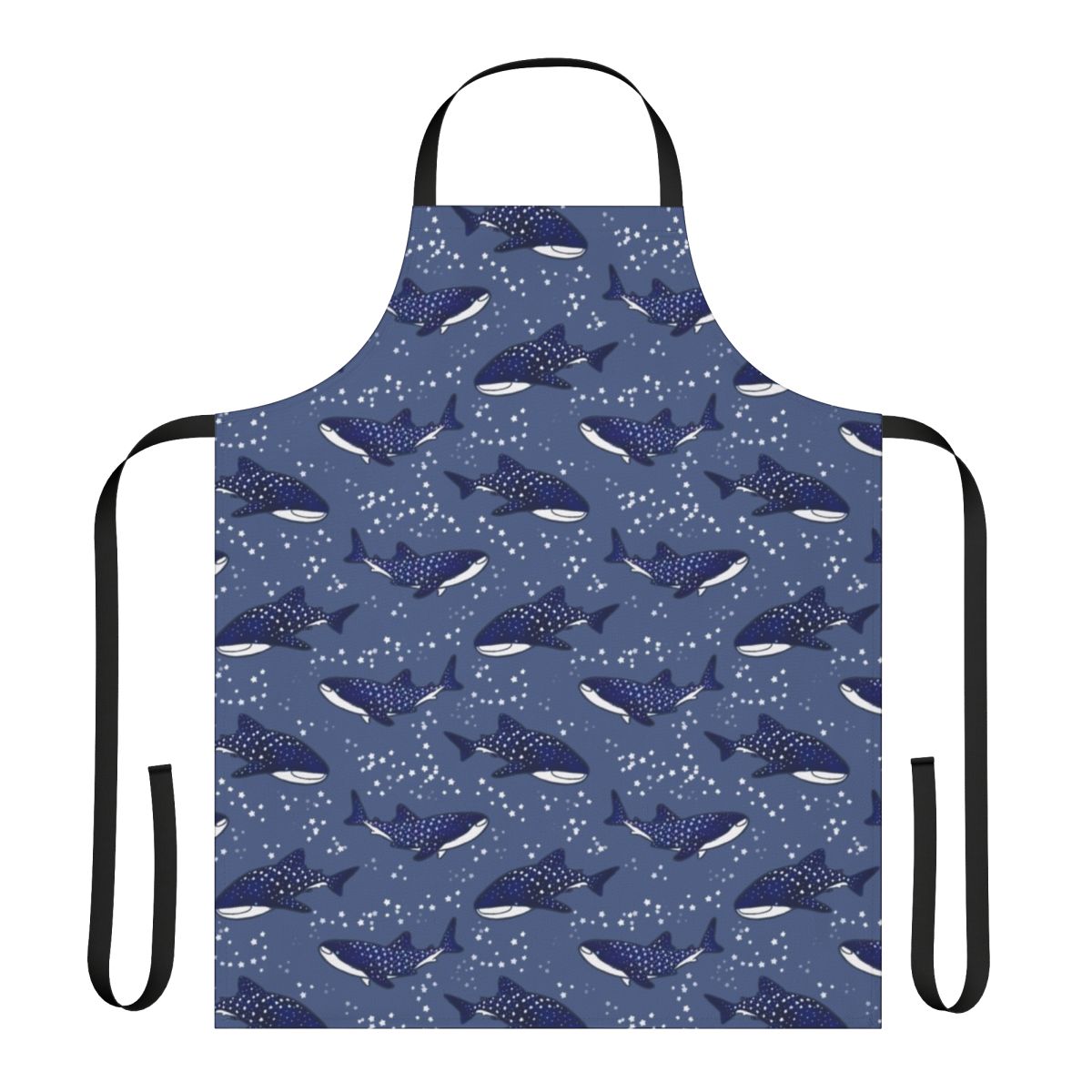 A dark blue apron featuring a starry night sky design with a cartoon whale shark