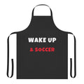 Person wearing an apron with a soccer-themed design, ready to engage in their favorite hobby.