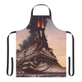 A steampunk-styled apron with a heavy metal-inspired fantasy design featuring a locomotive and Rodney Matthews-inspired artwork.
