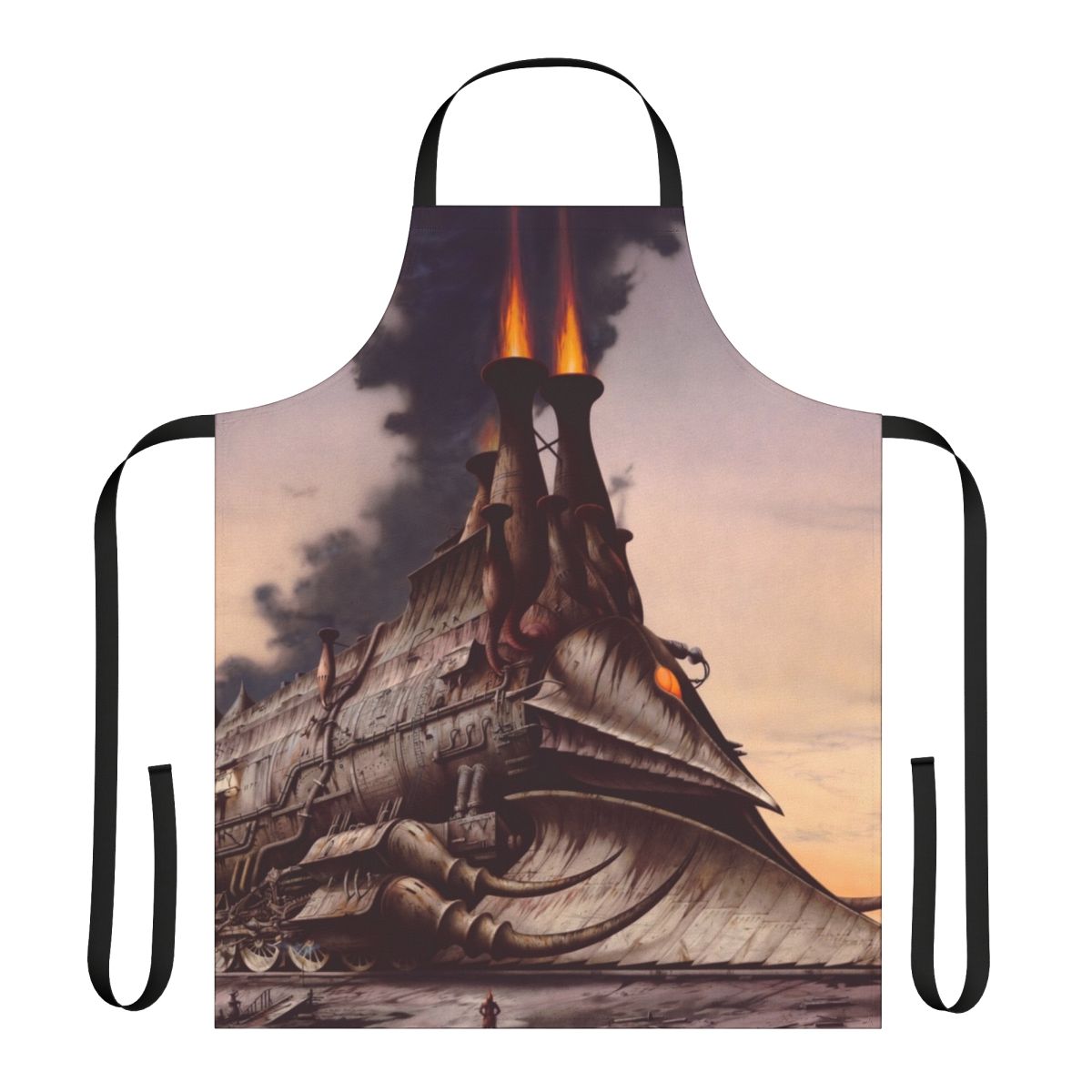 A steampunk-styled apron with a heavy metal-inspired fantasy design featuring a locomotive and Rodney Matthews-inspired artwork.
