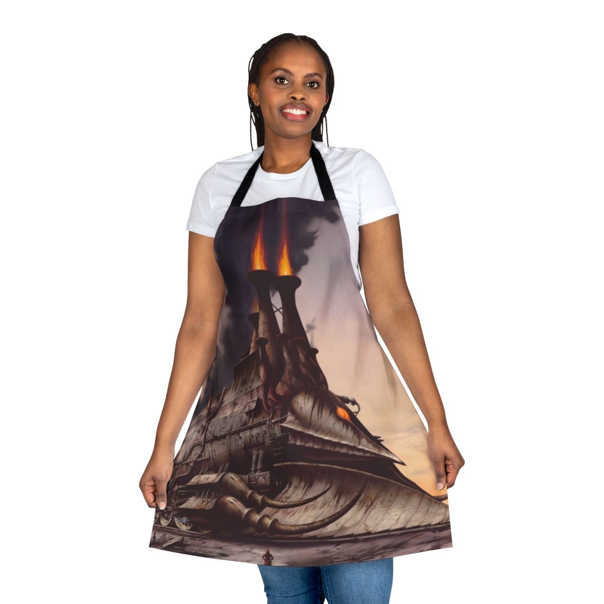 A steampunk-styled apron with a heavy metal-inspired fantasy design featuring a locomotive and Rodney Matthews-inspired artwork.