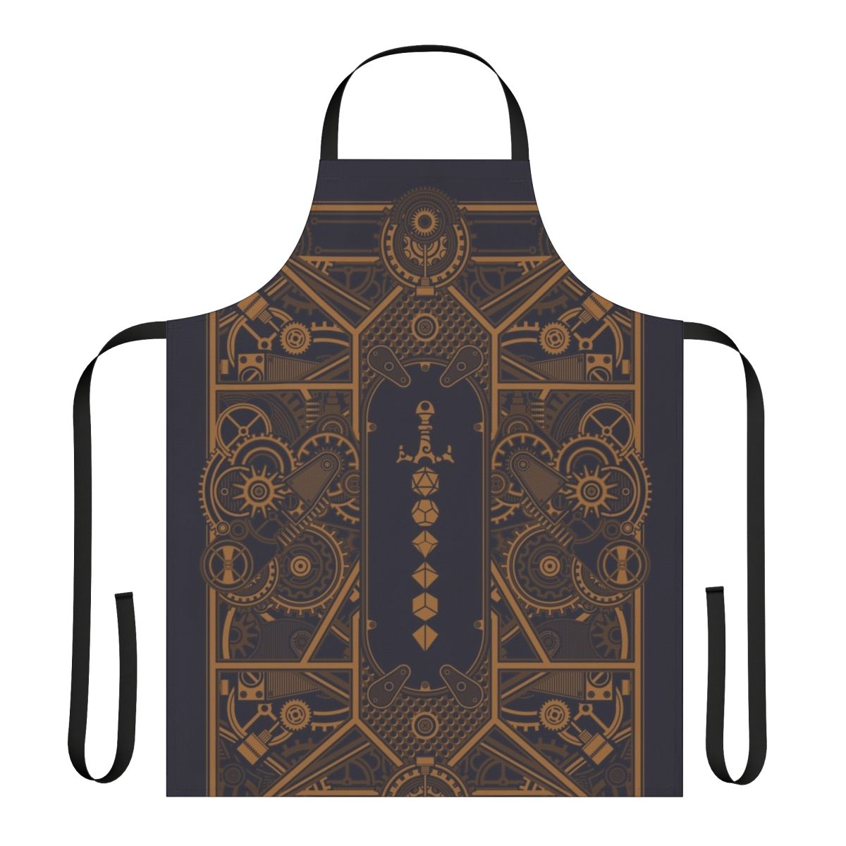 Steampunk-inspired polyhedral dice apron for tabletop RPG players and collectors