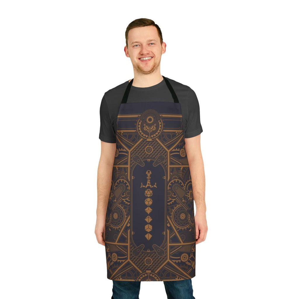 Steampunk-inspired polyhedral dice apron for tabletop RPG players and collectors