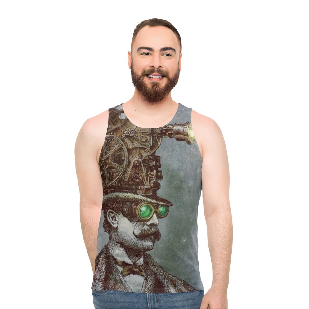 Steampunk unisex tank top with surreal mechanical design