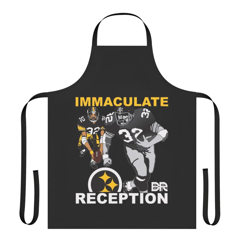 Steelers-themed kitchen apron with "Ballers Religion Immaculate Reception" design
