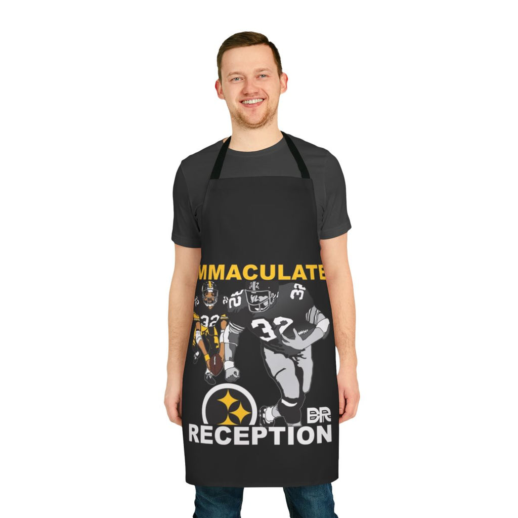Steelers-themed kitchen apron with "Ballers Religion Immaculate Reception" design