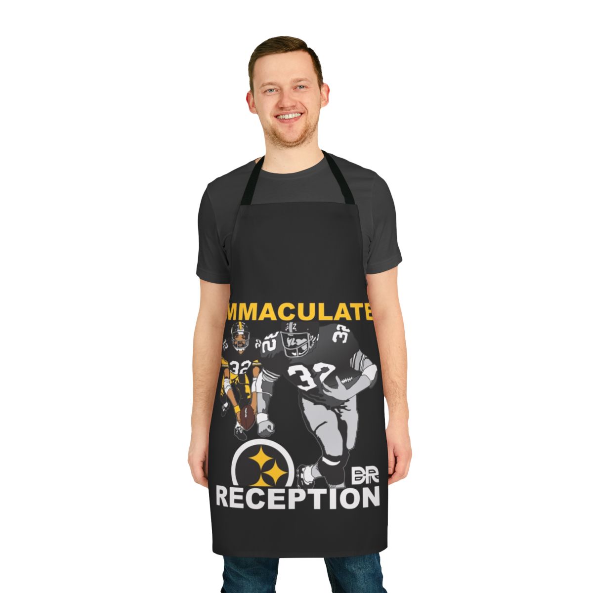 Steelers-themed kitchen apron with "Ballers Religion Immaculate Reception" design