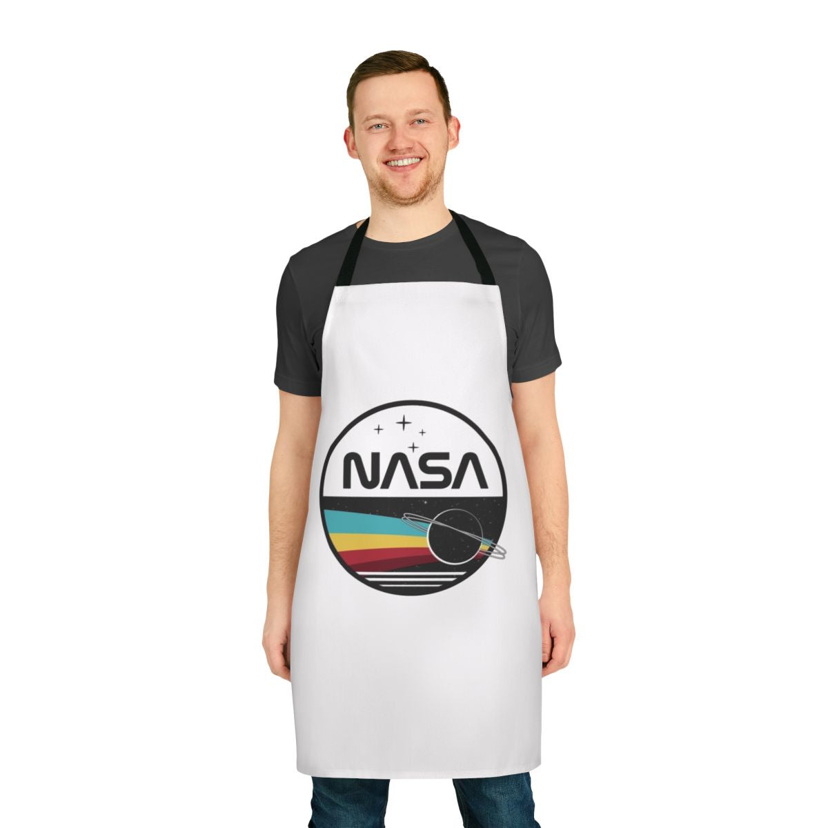 Apron with a NASA-inspired design featuring the night sky, planets, and stars