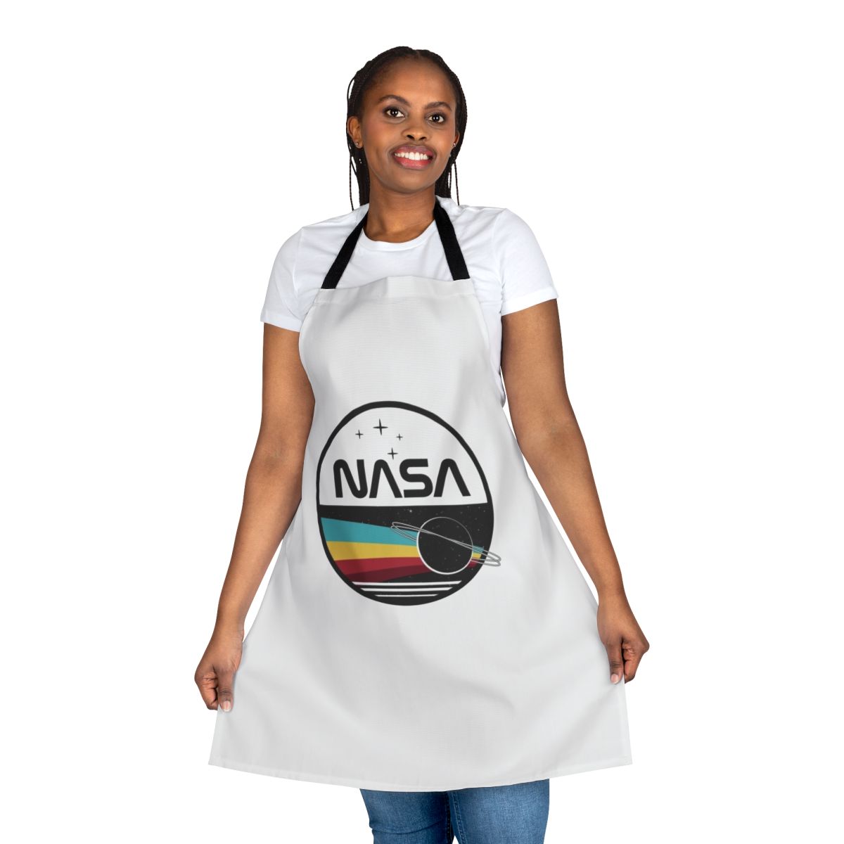 Apron with a NASA-inspired design featuring the night sky, planets, and stars