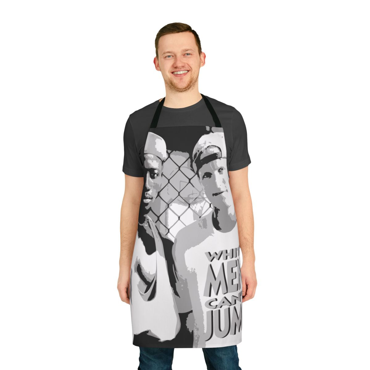 Stencil-designed apron featuring imagery from the classic basketball comedy "White Men Can't Jump"