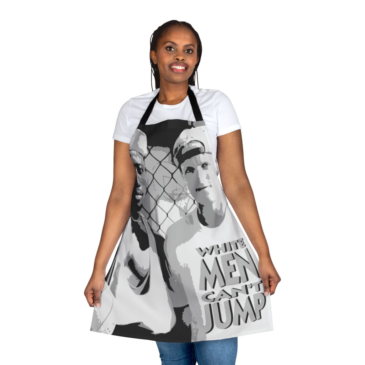 Stencil-designed apron featuring imagery from the classic basketball comedy "White Men Can't Jump"